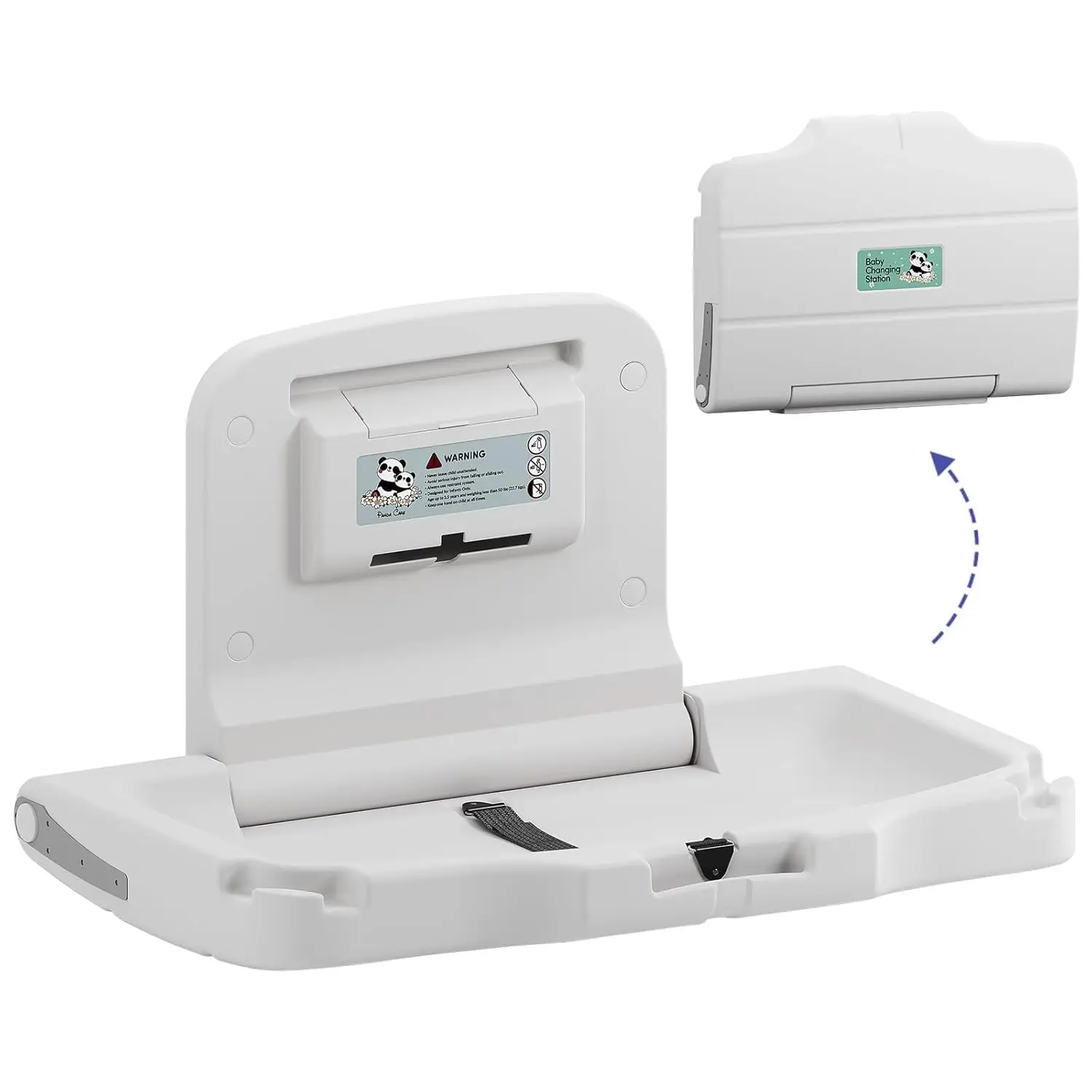 

Foldable Wall-Mounted Baby Changing Station with Liner Dispenser and Safety Straps for Commercial and Home Use