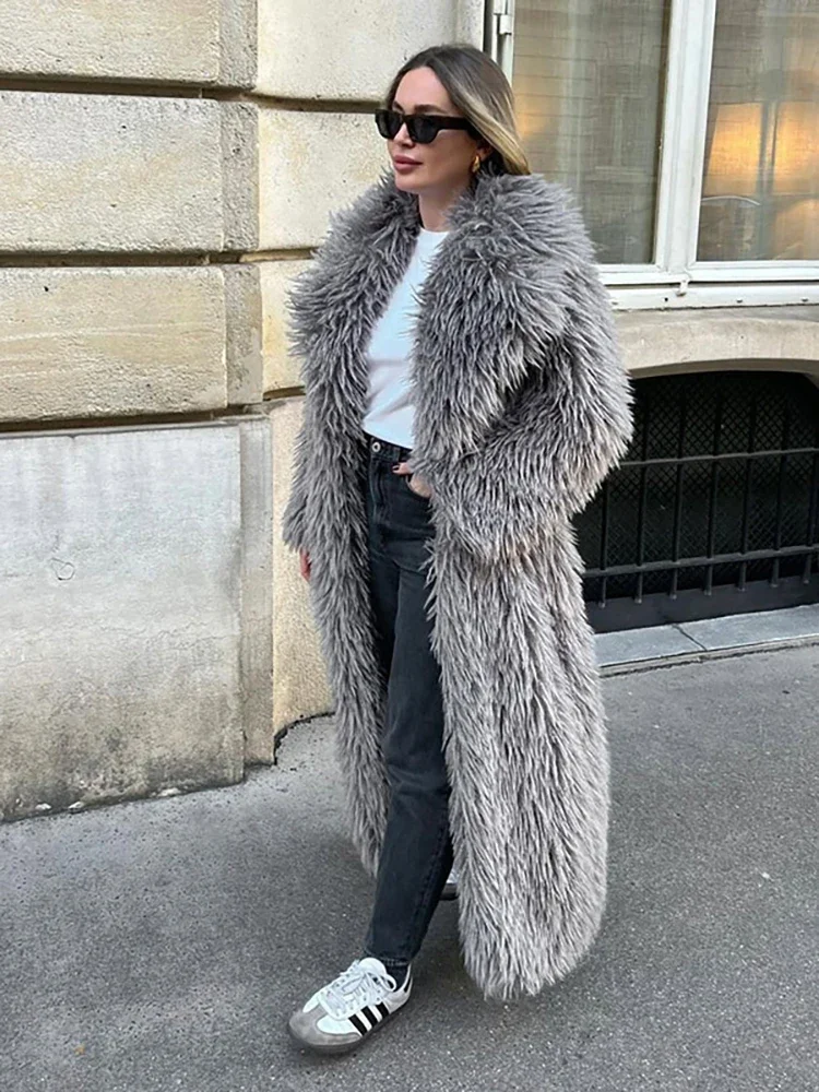 

DEAT Fashion Gray Long Imitation Fur Coat Women's Lapel Loose Long Sleeves Plush Thick Overcoat Winter New 7A1438