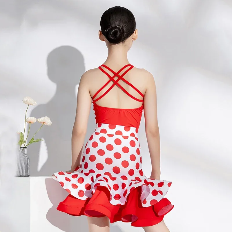 Abito da ballo latino estivo a pois rossi per ragazze senza maniche abbigliamento da ballo latino per bambini abiti da ballo professionali abito diviso