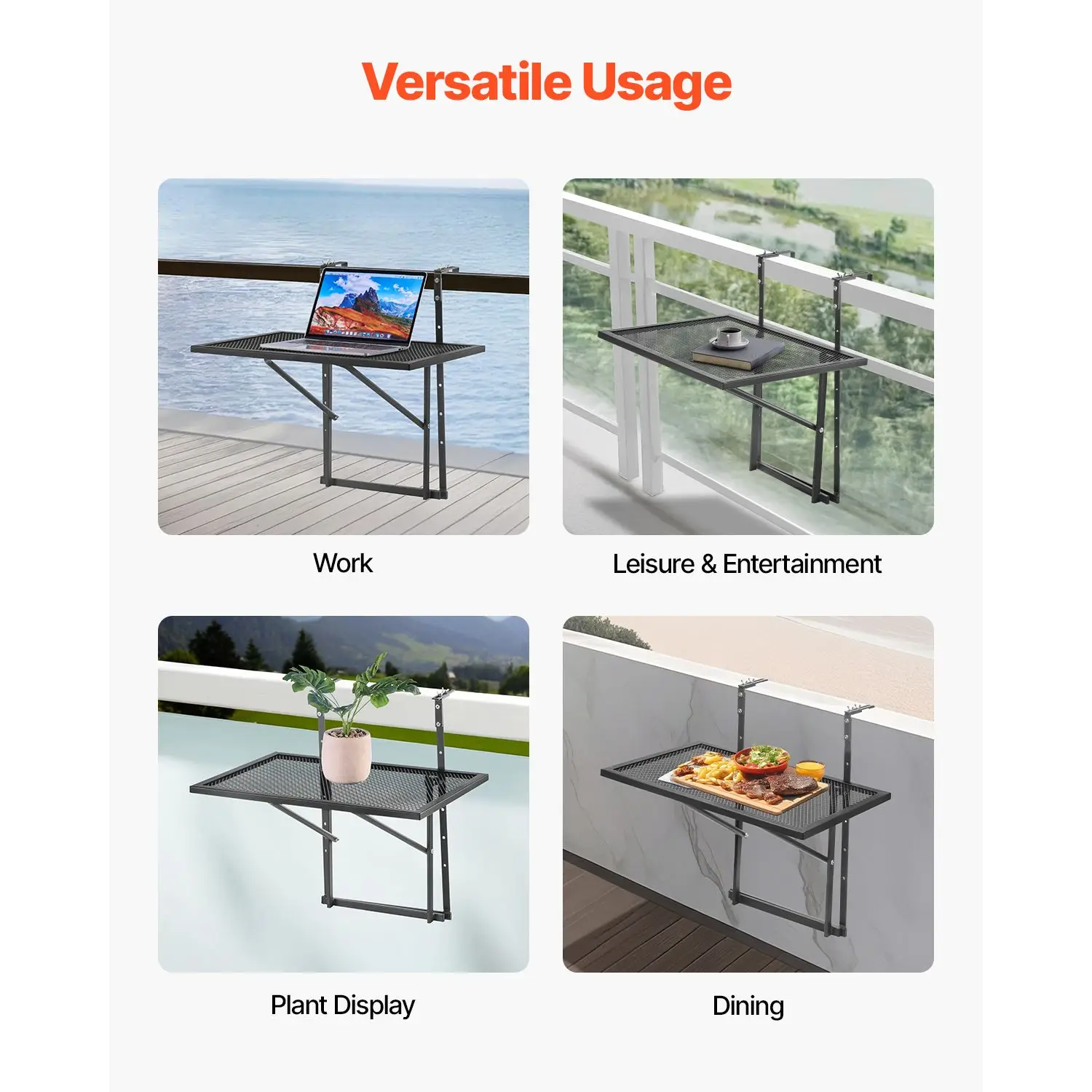 Balcony Hanging Table, 19 x 24 in Metal Folding Balcony Railing Table, Outdoor Balcony Bar Table for Railings, 5-Level Adjustable, Fit Railing from 1