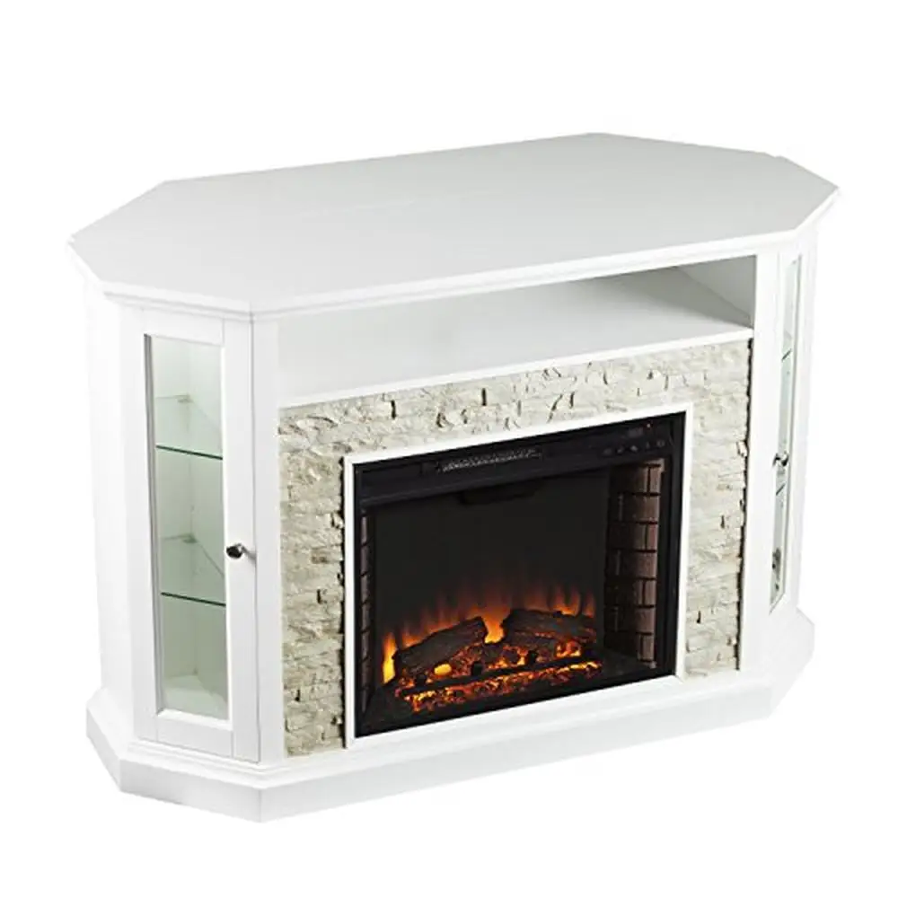 Corner Fireplace TV Stand with LED Flames Media Storage Remote Control Fresh White Wood Finish