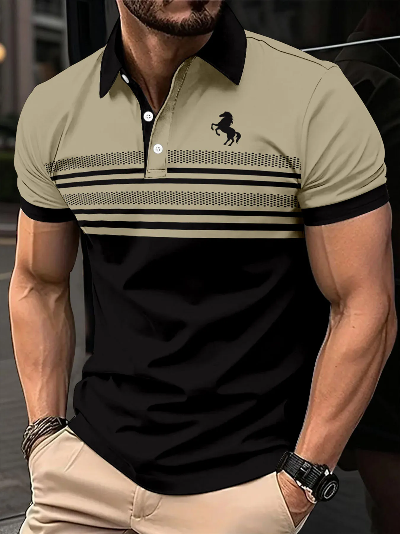 New Summer Men's Short sleeved Polo Fashion Digital Printed Polo Collar Button Top Machine Washable