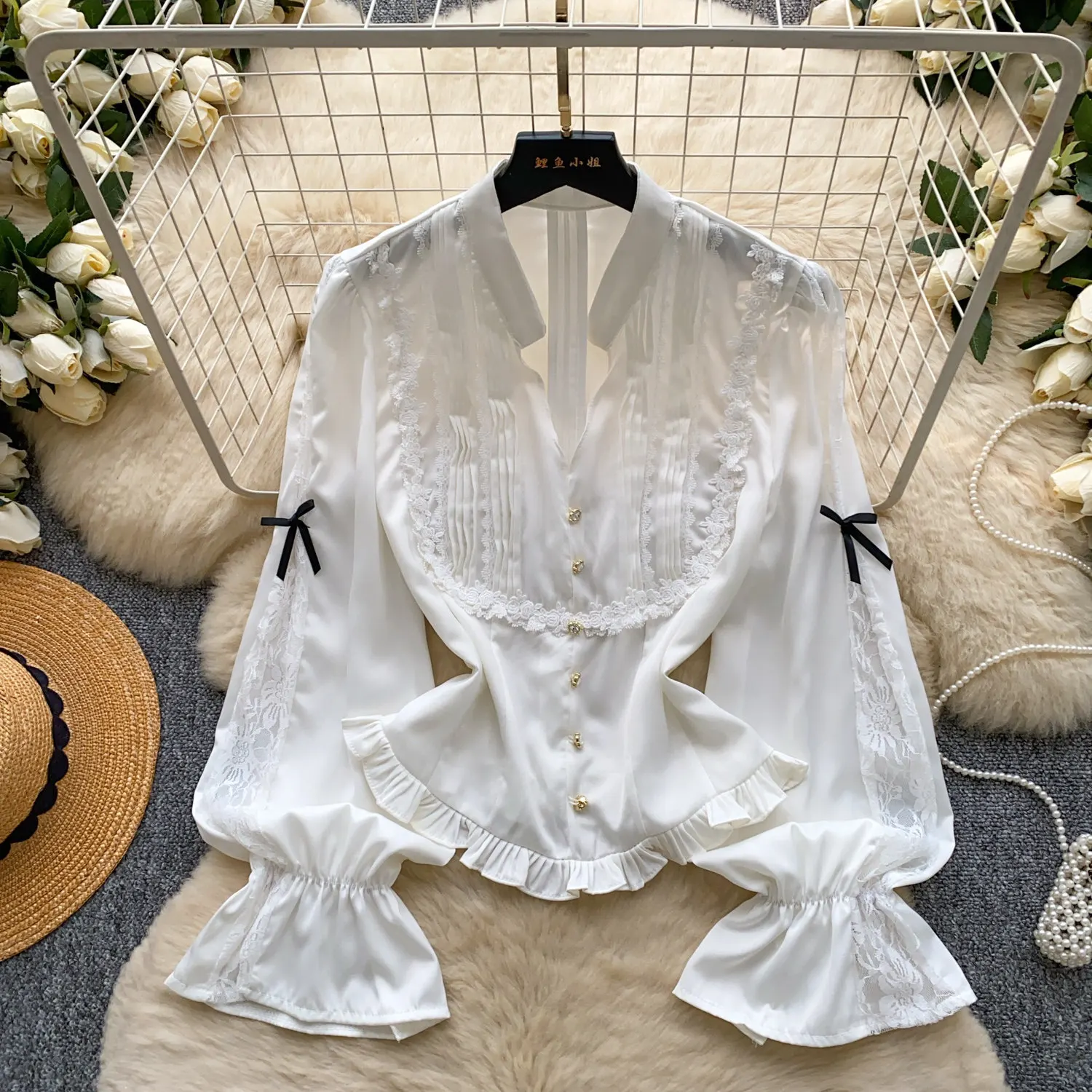 

Tops Women Top V Neck Sexy Full Sleeve Lace Floral Solid Y2k Streetwear Ruffles Tight Waist Elegant Work Slim Fit 2026 Spring