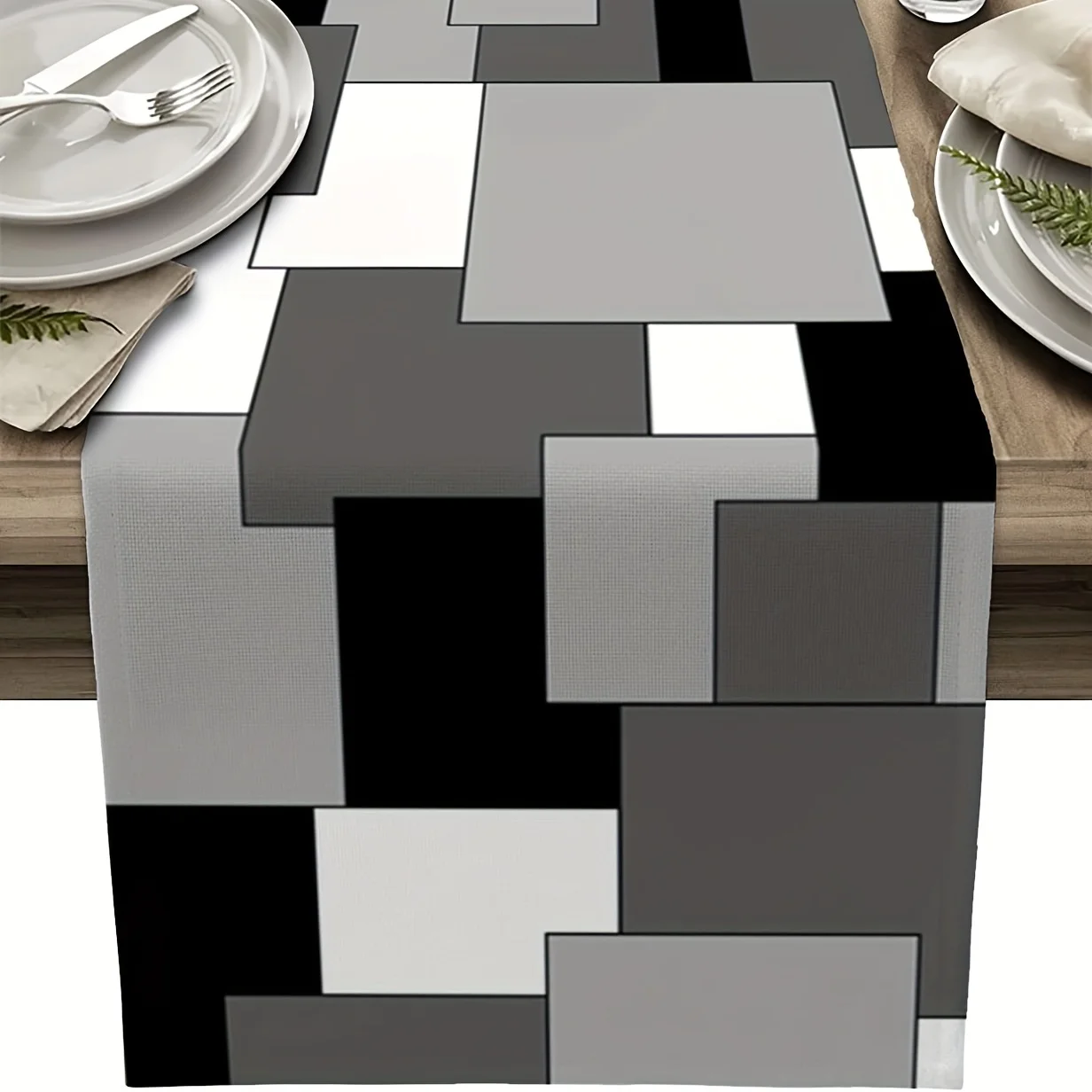 

Abstract Geometric Black White Grey Color Block Linen Table Runners Farmhouse Wedding Holiday Party Rectangle Dining Table Decor