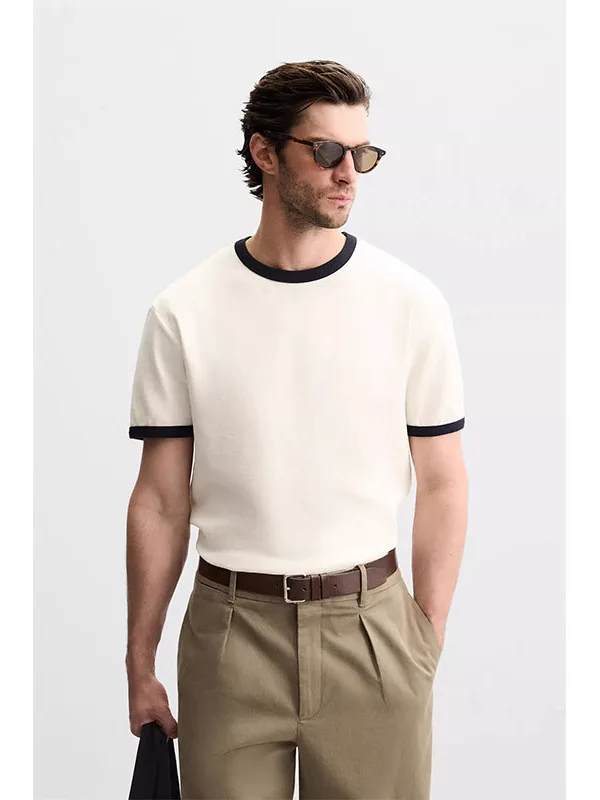 Slim Fit round Neck Short Sleeve T-Shirt Fashionable Urban Style 2025 Summer New Arrival Men's Clothing Color Block Texture