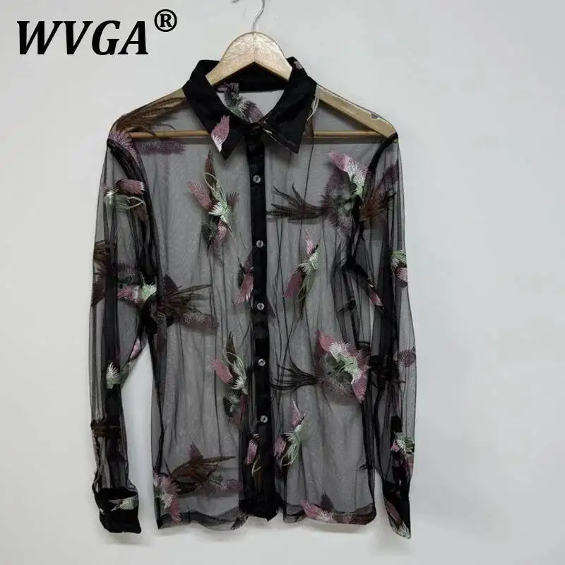 

WVGA Лето Новый Мужской Прилив Вышивка Прозрачная Сетка Многослойный Оригинальный Дизайн Модная Рубашка С Длинным Рукавом Нишевый Шикарный Повседневный Топ Ins W10009