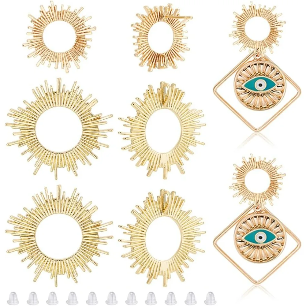 8PCS Real 18k Gold Plated Brass Earrings 2 Sun Shaped Earring Accessories with 20 Pieces of Plastic Ear Plugs for Earrings