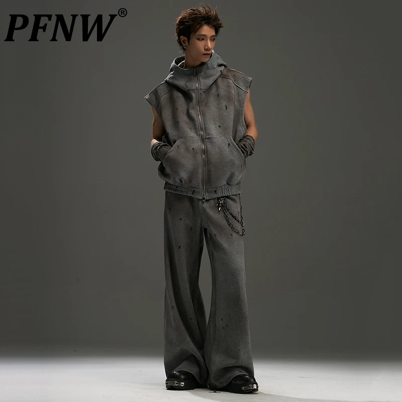 

PFNW Niche Wash Tie-dye Hooded Sleeveless Zipper Tops + Wide Leg Pants Casual Two Pieces Set For Men And Women Tide New 28W5339