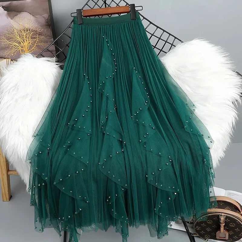 Beaded Gauze Skirt Female Spring/Summer 2024 Korean Version Of Irregular A-Shaped Gauze Skirt With High Waist And Long Skirt