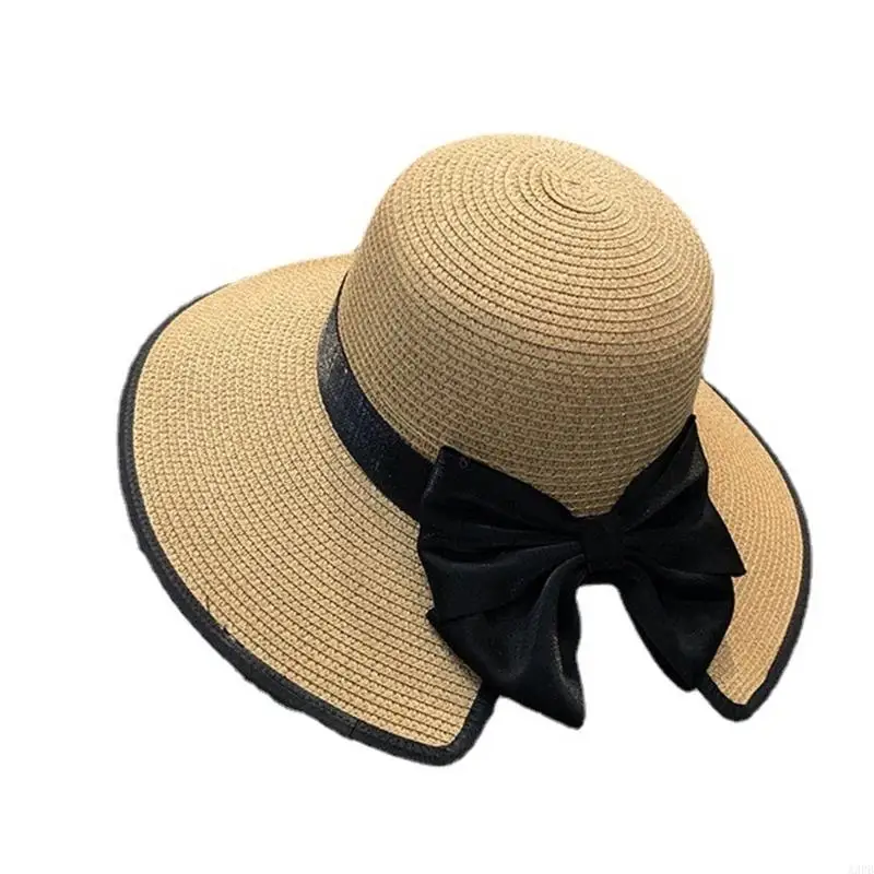 قبعة شمسية من القش قابلة للتنفس، تصميم أنيق على شكل فيونكة، قبعة واسعة الحواف للمناسبات الخارجية