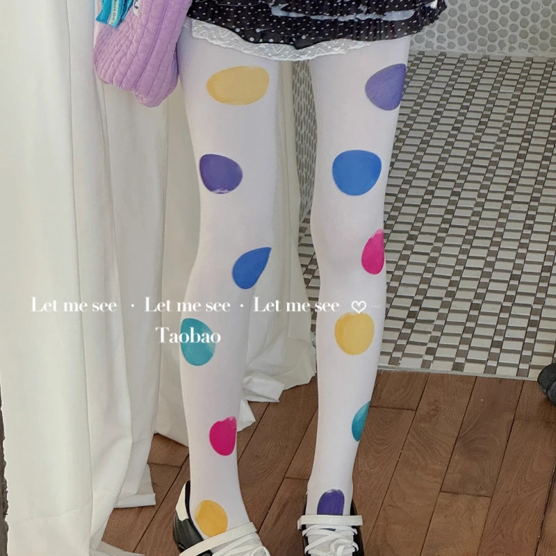 New Japanese Style Soft Girl Colorful Large Dot White Base Stockings Printed Pantyhose White Color Colorful Hosiery Cute Tights