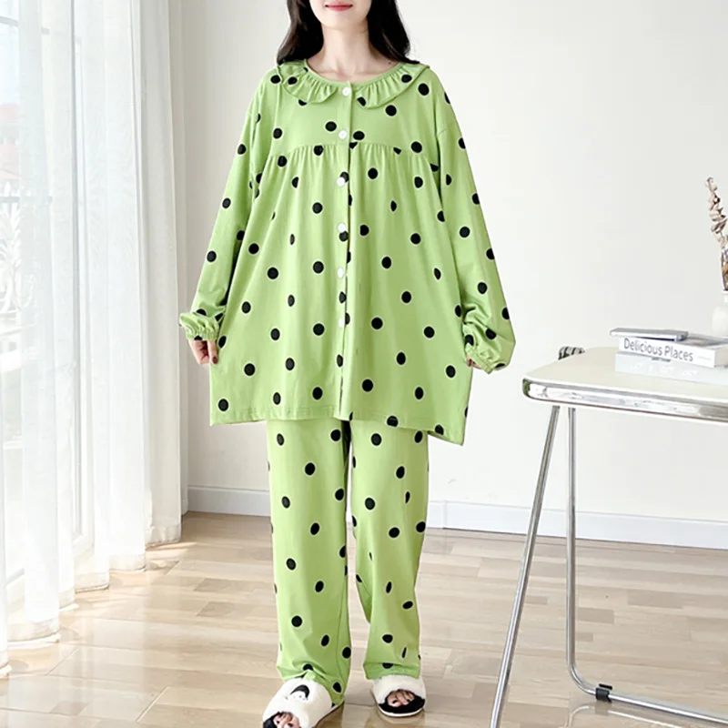 

Spring 2025 Green Polka Dot Cardigan cotton Plus Size pajamas Female chubby 200mg long sleeved long pants casual home suit set