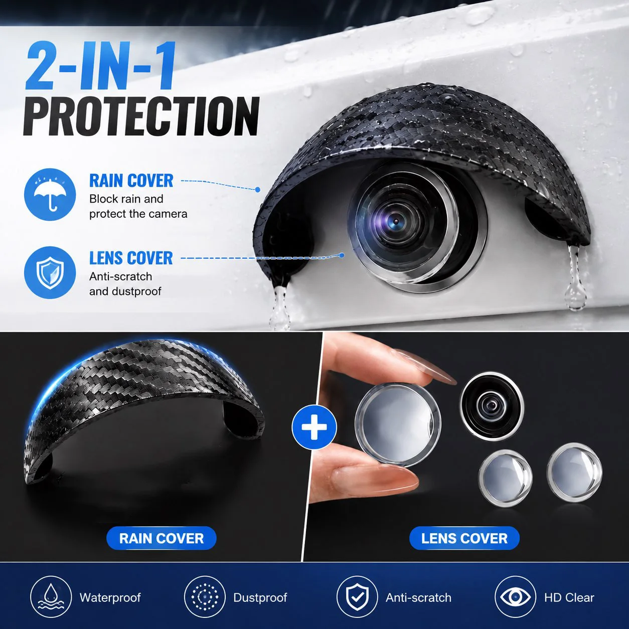 Carbon Fiber Texture Car Camera Rain Hood with HD ABS Scratch Resistant Lens Film All Weather Camera Guard for Sedan SUV MPV