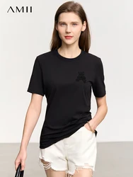 AMII Minimalism Casual Women's Top 2023 Summer New O Neck Bear Applique Short Sleeves Tees Versatile Female Clothing 12322124