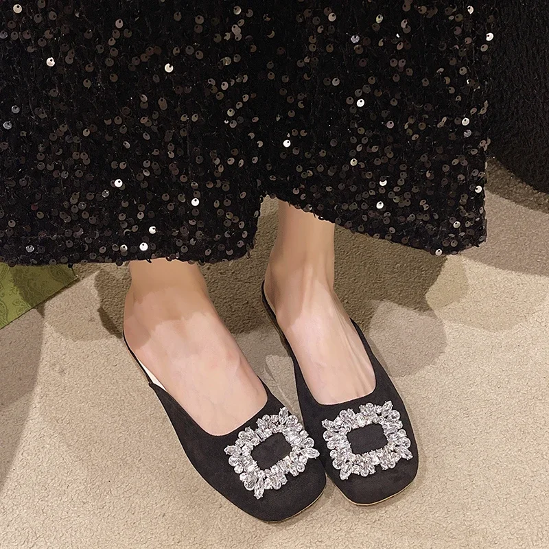 Water Diamond Square Buckle Fairy Style Half Slippers, Stuffed Girl Lazy, Low Heel, Slimming, Versatile Casual Women's Sandals