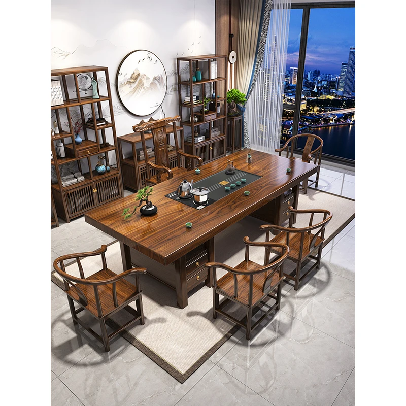 Modern Furniture Solid Wood Tea Table Chair Balcony New Chinese Combination Black Gold Tea Table Office Black Walnut image 4