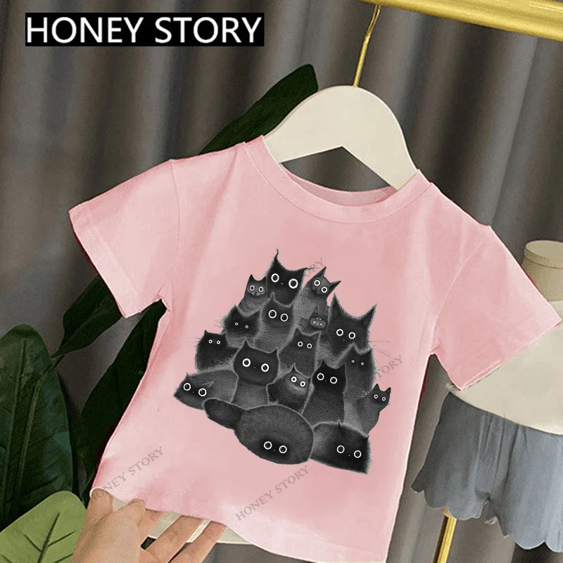 Cute Black Cats Kids T-shirt Children's Cartoon Black Cat Print Children's Pink Tshirt Short Sleeve Boys Clothes  One Piece