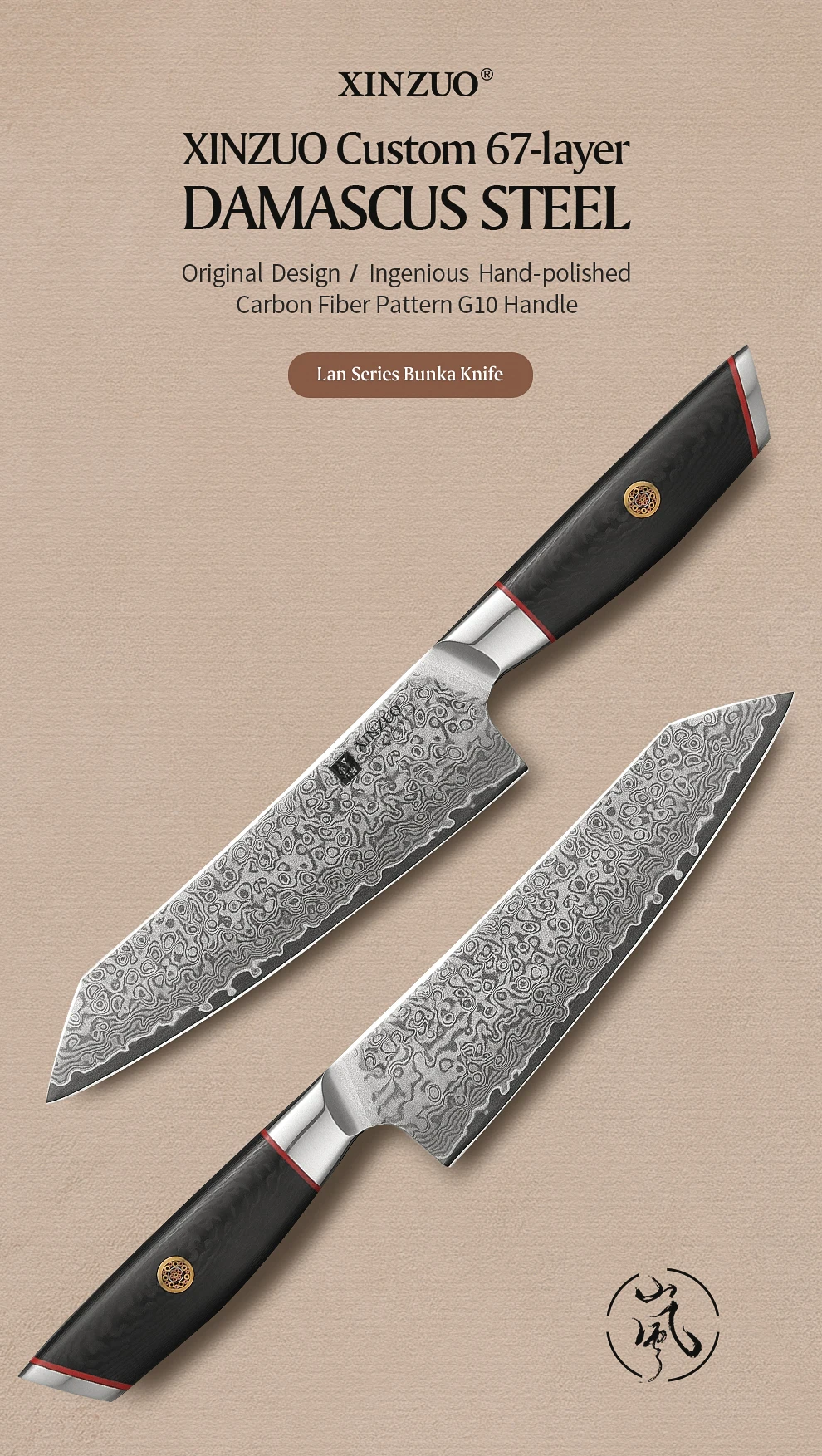 XINZUO 5,8 Zoll Bunka Messer 67 Lagen Damaszener Stahl 10Cr15CoMoV Kern 60 HRC Carbonfaser G10 Griff – Detail 1