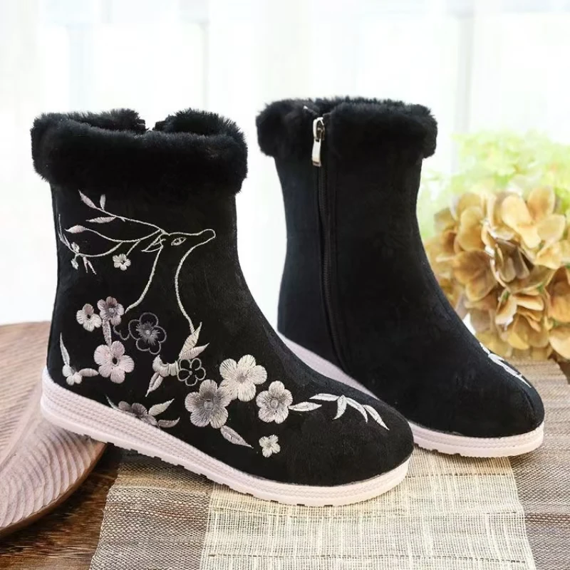 

Женские зимние ботинки в этническом стиле с вышивкой, высокие, на мягкой подошве, с круглым носком, плюшевые, теплые, на плоской подошве, для ханьфу