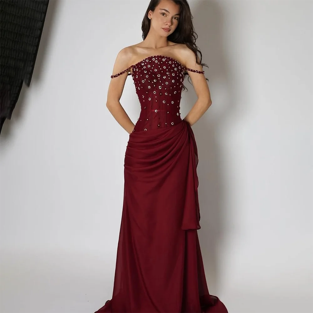Vestido de noite feminino borgonha cristal fora do ombro plissado chiffon elegante vestidos de noite sereia vestido de festa formal personalizado