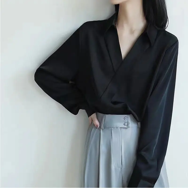 

Trend Black Irregular Blouse Spring New Polo Neck Long Sleeve Simplicity Solid Color Vintage Blouse Fashion Casual Women Clothes