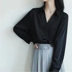 Trend Black Irregular Blouse Spring New Polo Neck Long Sleeve Simplicity Solid Color Vintage Blouse Fashion Casual Women Clothes