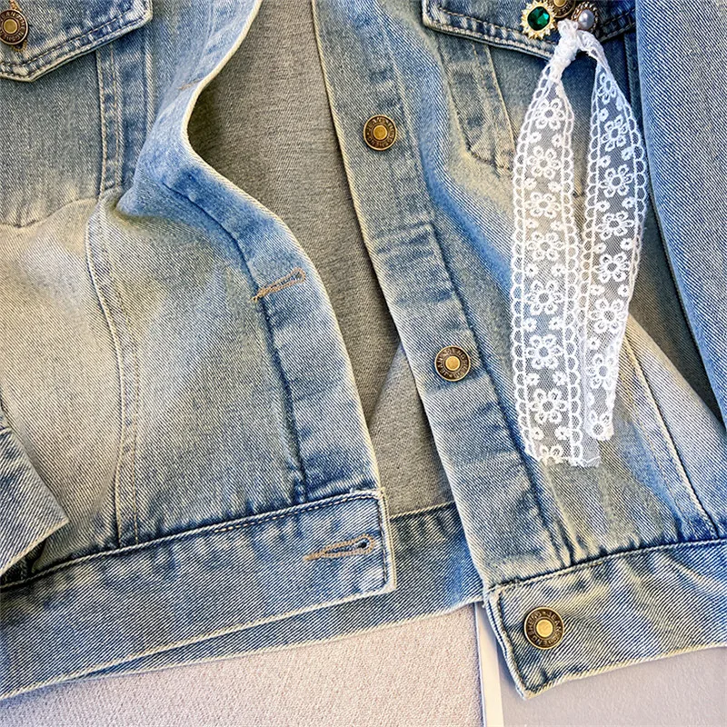 레이스 레이스업 버튼 장식 연한 파란색 짧은 데님 재킷 루즈 라펠 싱글 브레스티드 긴 소매 가을 여성용 청재킷