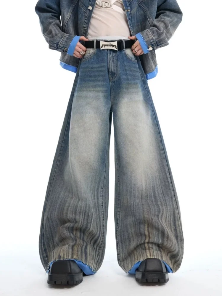 

2025 г., американские ретро-стили Y2K, лоскутные синие мешковатые джинсы, брюки для мужчин, одежда, прямые роскошные джинсовые брюки Moda Hombre