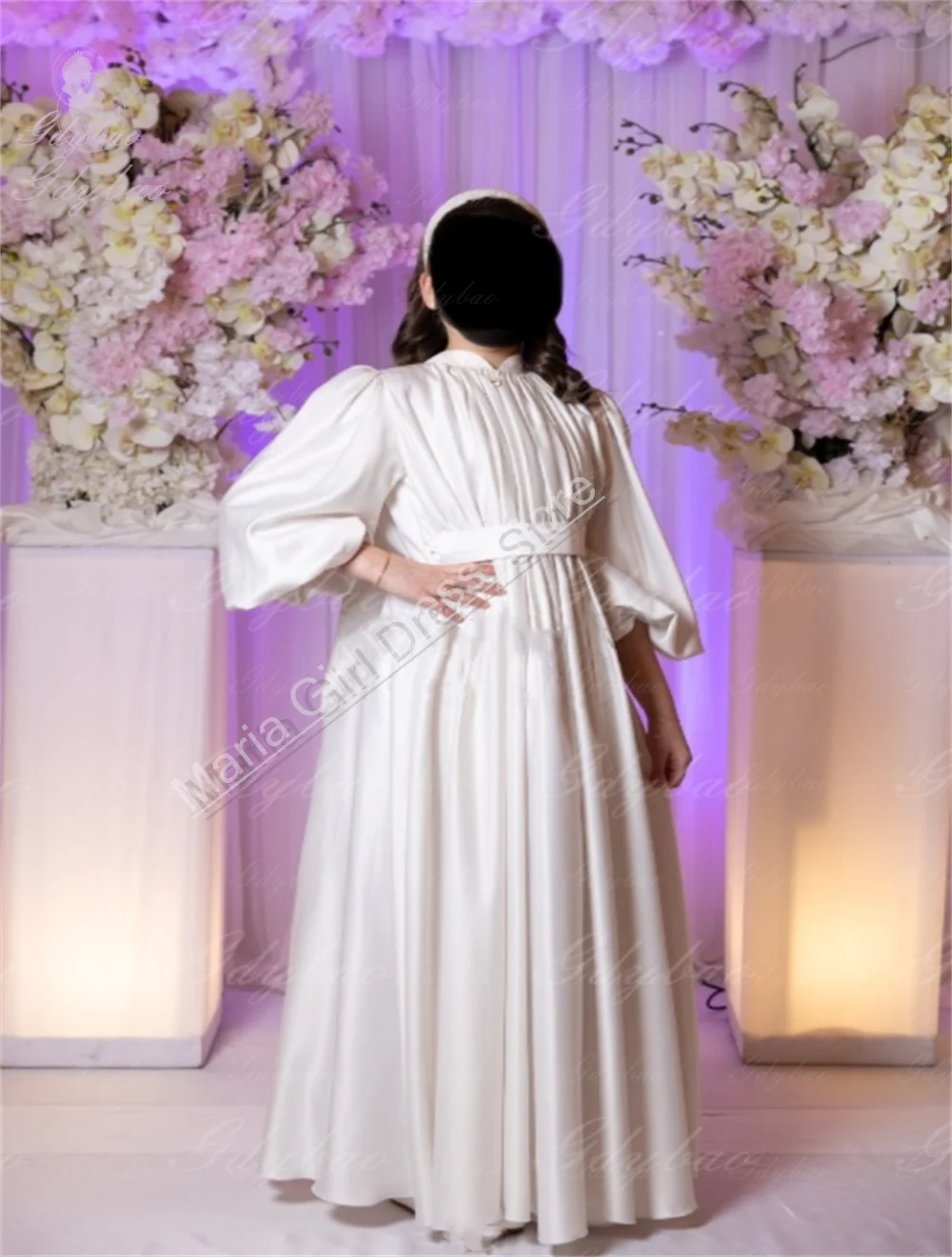 جميلة مخصصة الأبيض الساتان شقيقة العروس ثوب الزفاف وصيفات الشرف منتفخ بالون كم حزب فتاة العباءات