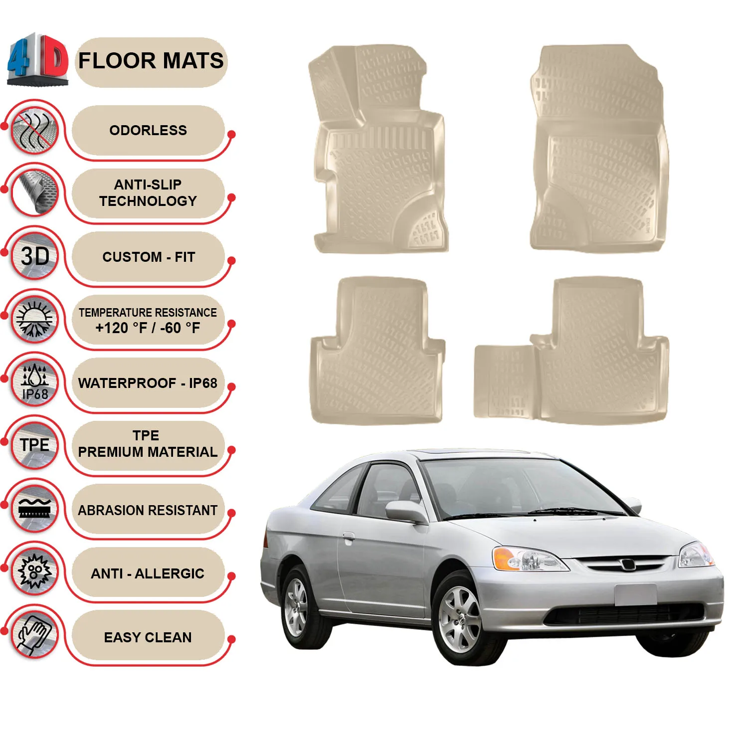 

Honda Civic Sedan (2001-2005) Floor Mats Liner Waterproof 3D - (Beige)