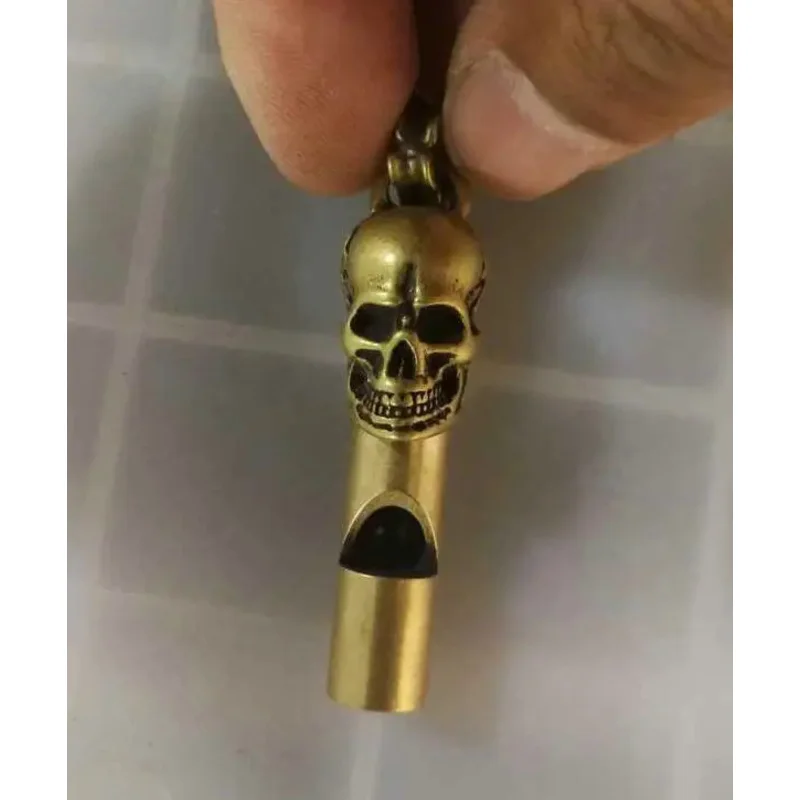 Old Chinese Archaize Brass Copper Handmade Skull Head Whistle Key Ring