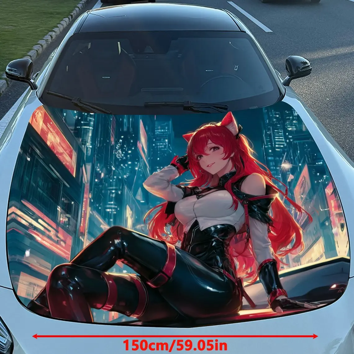 Red Cat Girl Cyber Metropolis Fashion Car Vinyl Wrap, PVC Material Waterproof Car Hood Sticker, Self-Adhesive Scratch-Resistant