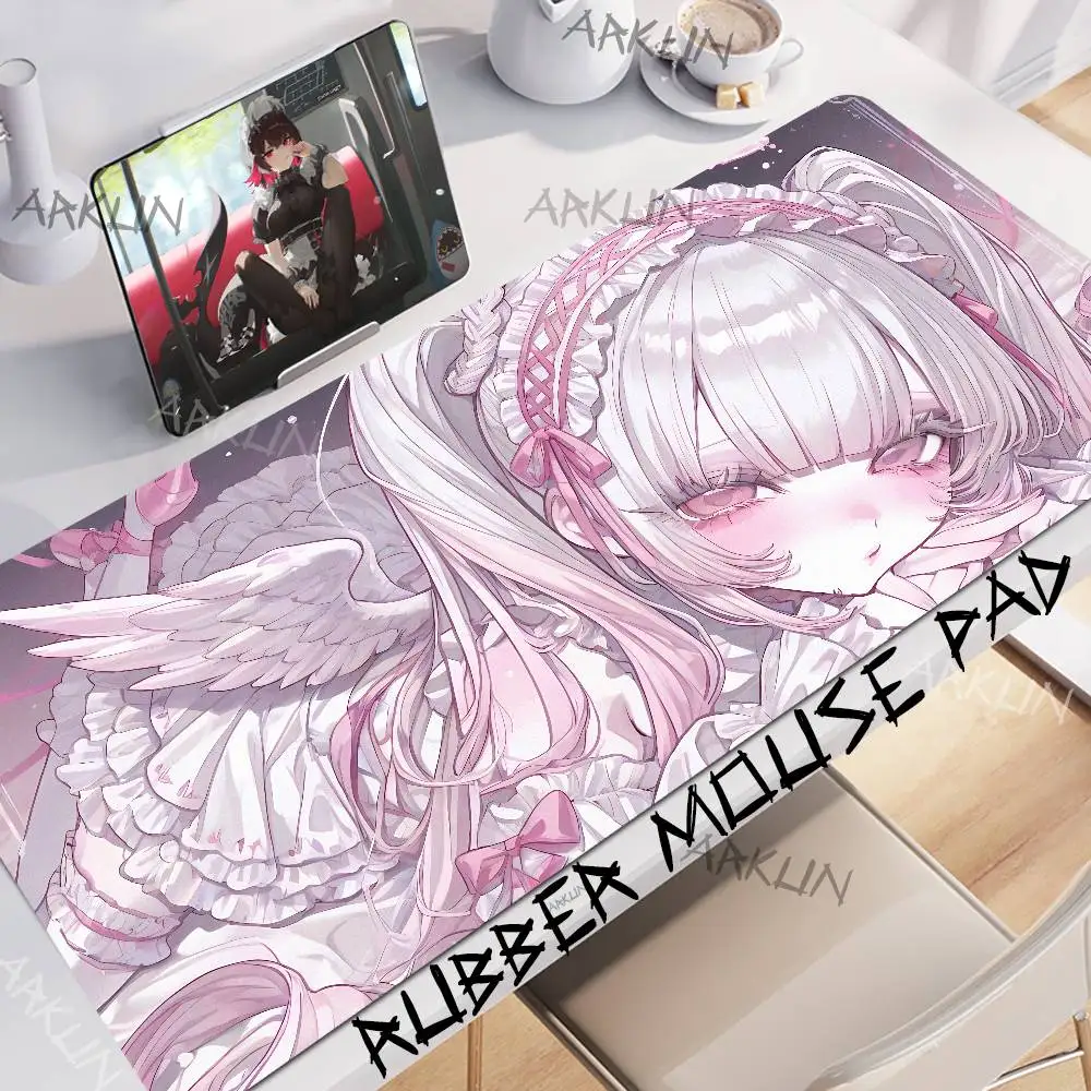 Large Kawaii Hot Pastel Pink Gothic Angel Anime Girl Mouse Pad, Twintail Lolita Character Non‑Slip Computer PC Desk Mat
