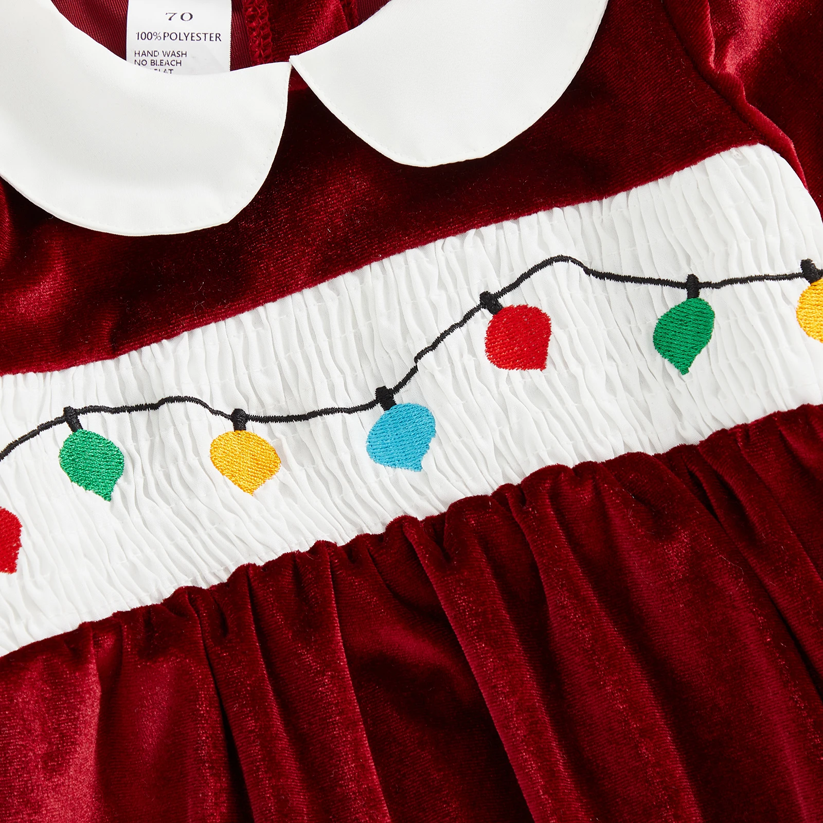 

2 Piece Set Baby Girl Christmas Outfit Lights String Embroidery Long Sleeve Doll Collar Romper Bow Headband