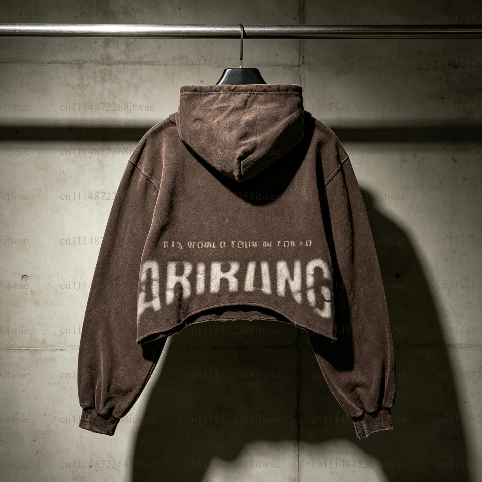 Arirang Brown Washed Distressed Cropped Hoodie Unisex Letter Graphic Print Raw Edge Hem Long Sleeve Street Style Hooded