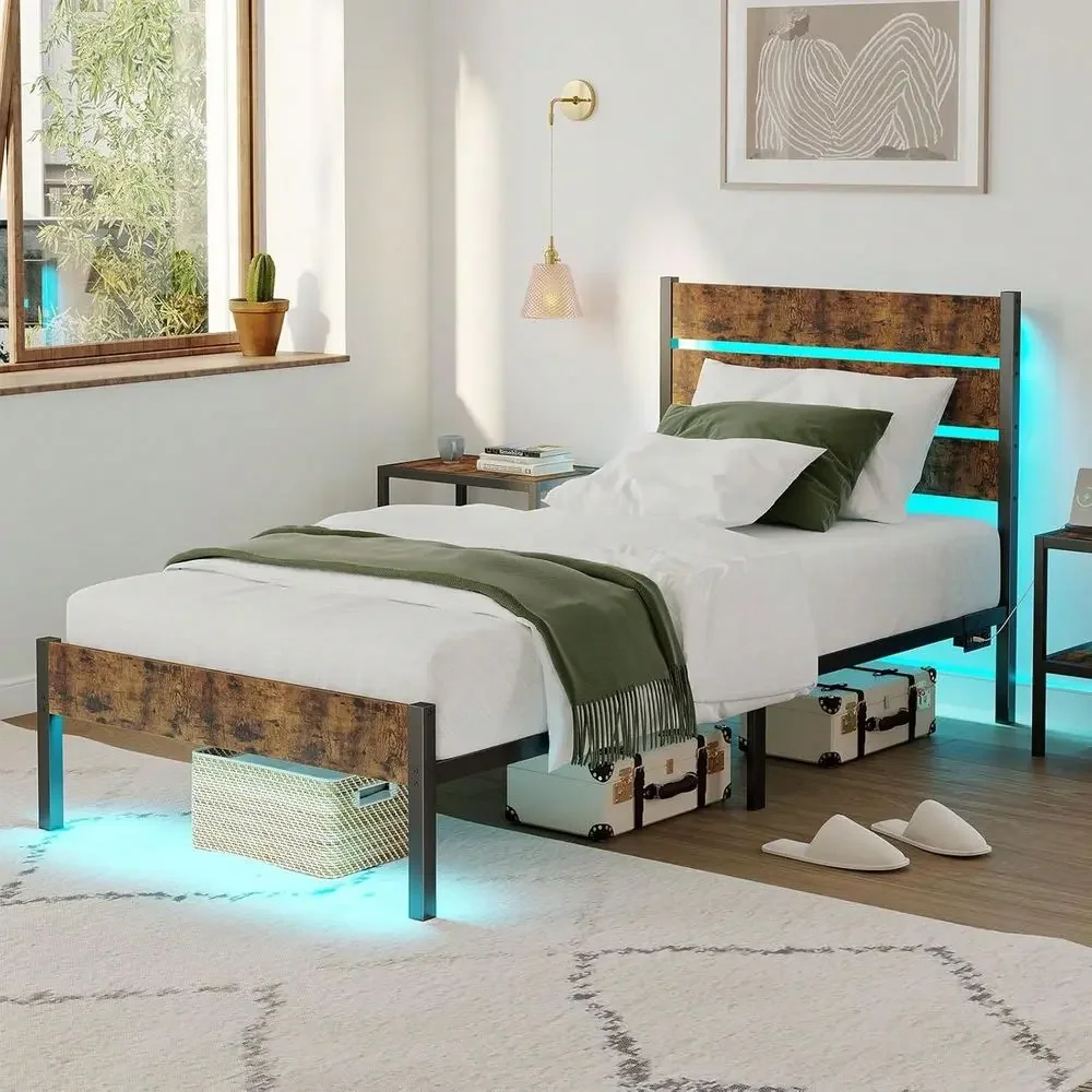Twin Full Queen Size Bed Frame With Charging Station, LED Light Metal Bed Frame With Wooden Headboard, No Box Spring Required,