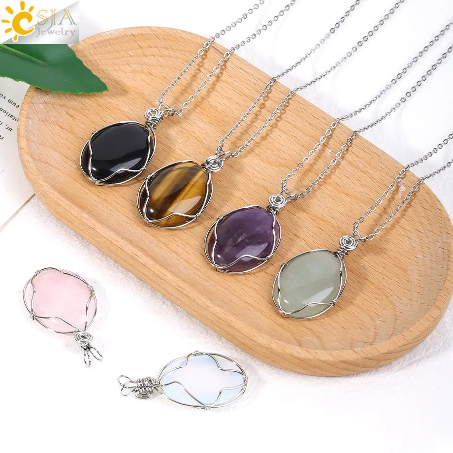 CSJA Natural Stone Egg Shape Pendant Necklaces Wire Wrapped Energy Crystal Pendants for Women Men Stainless Steel Jewelry H842