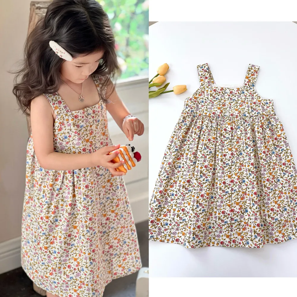 

Summer girls' dress Orange flower pattern Exclusive style sweet camisole dress kids girl clothes baby dresses