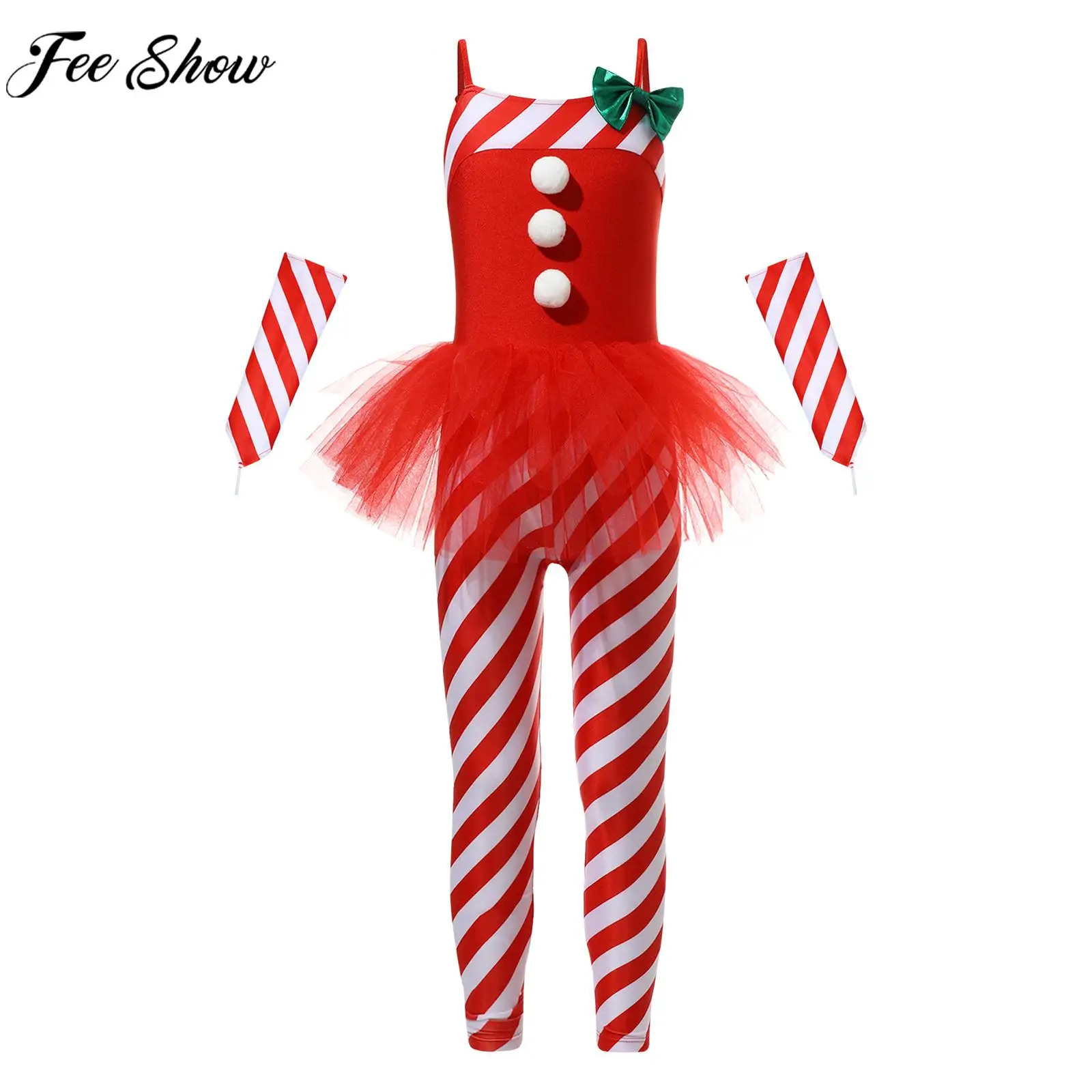 6-16Y Girls Christmas Dance Jumpsuit Santa Claus Cosplay Costume Striped Print Leotard Tutu Ballet Gymnastics Skating Bodysuit