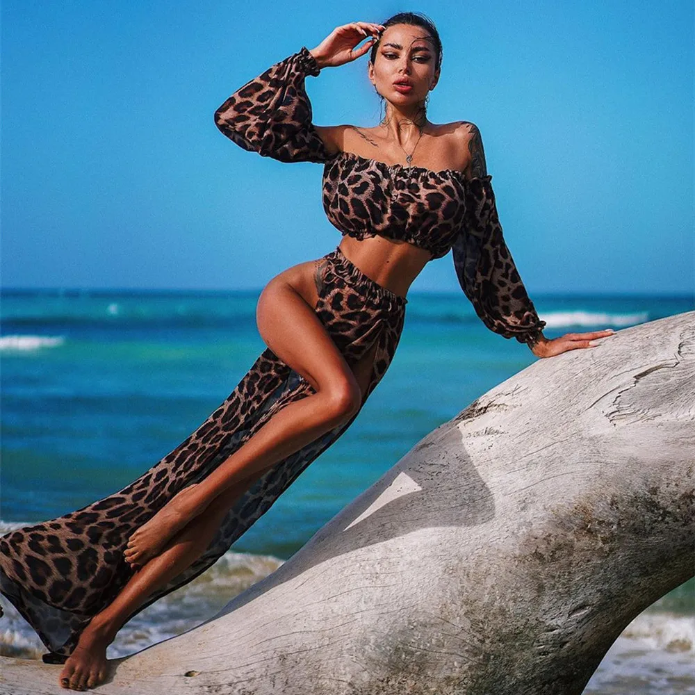 

Women Leopard Cover-Ups Sexy Off Shoulder Crop Top High Split Long Maxi Skirt Woman Summer Beach Casual Beachwear Swimwears New