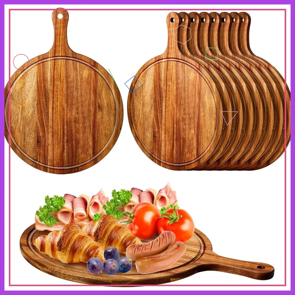 

10 Pcs Round Wood Cutting Board with Handle, Acacia Wooden Serving Kitchen Chopping Boards for Pizza, Bread, Cheese, Charcuterie