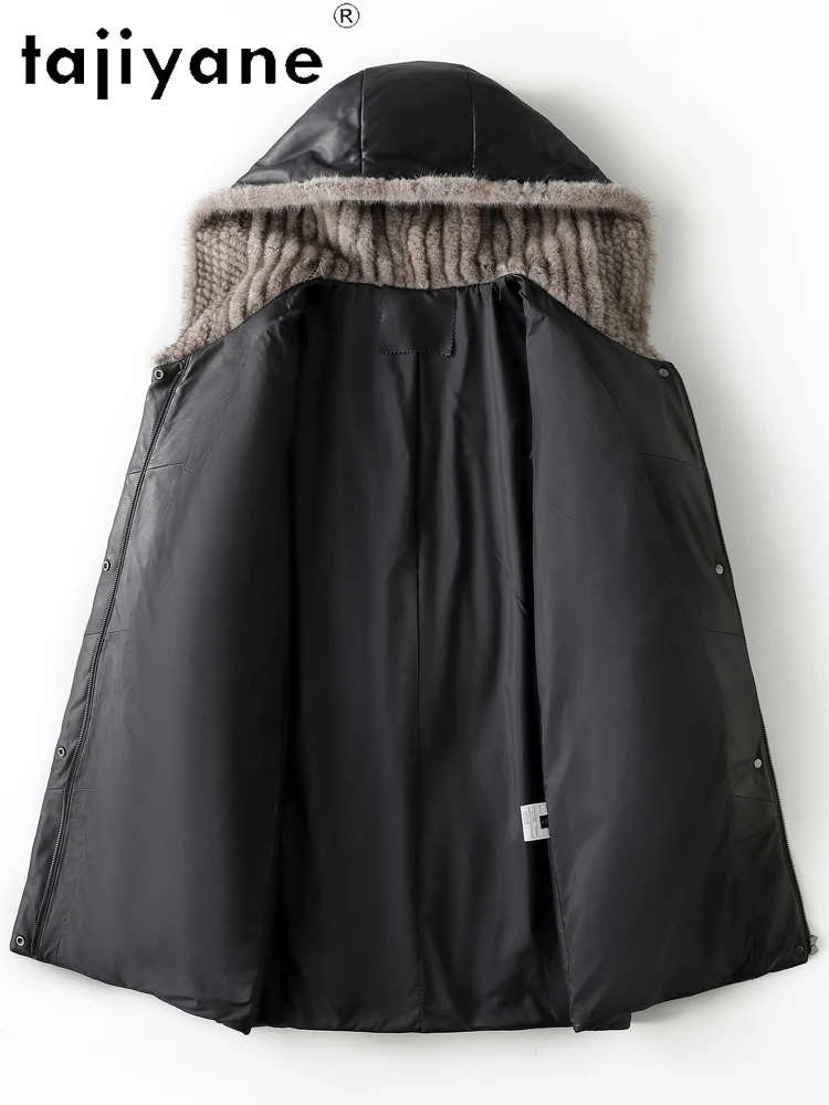 TAJIYANE 100 % genarbter Schaffell-Gänsedaunenmantel, schwarze Echtleder-Pufferjacke für Damen mit Nerzpelzmütze, 2025, Winterkleidung
