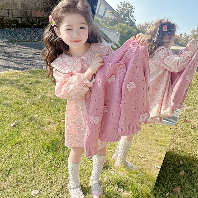 Spring Girls Clothes Sets 2Pcs Suits for Kids Girls Floral Dress Knitted Sweater Cardigan Children Korean Clothing Outfits 1-8Y