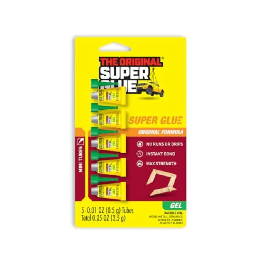 Gel, 5 Mini Single-Use Tubes, Clear, Instant Bonding, No-Drip Formula, Cyanoacrylate Adhesive, Precision Tip for Wood, Metal, P