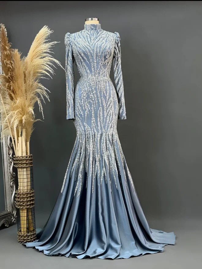 Sparkly Mermaid Evening Formal Dresses Gillter Beaded Applique Long Sleeve Muslim Saudi Prom Gown Outfit Customsized