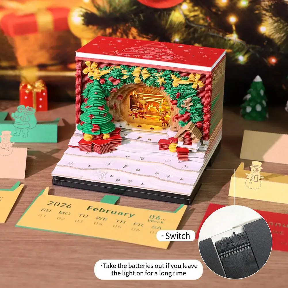 3D Paper Art Calendar With Lights Desk Timepiece Calendar 2026 Tear-Away 3D Xmas Tree House Notepad Christmas Gift For Frie Z0S8