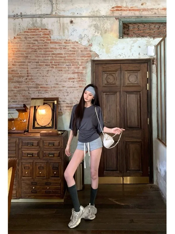 

Korean Style Casual High Waist Short Sleeve Women's Two-Piece Set Spring 2026 Drawstring Top Short Pants Fashion Ensemble