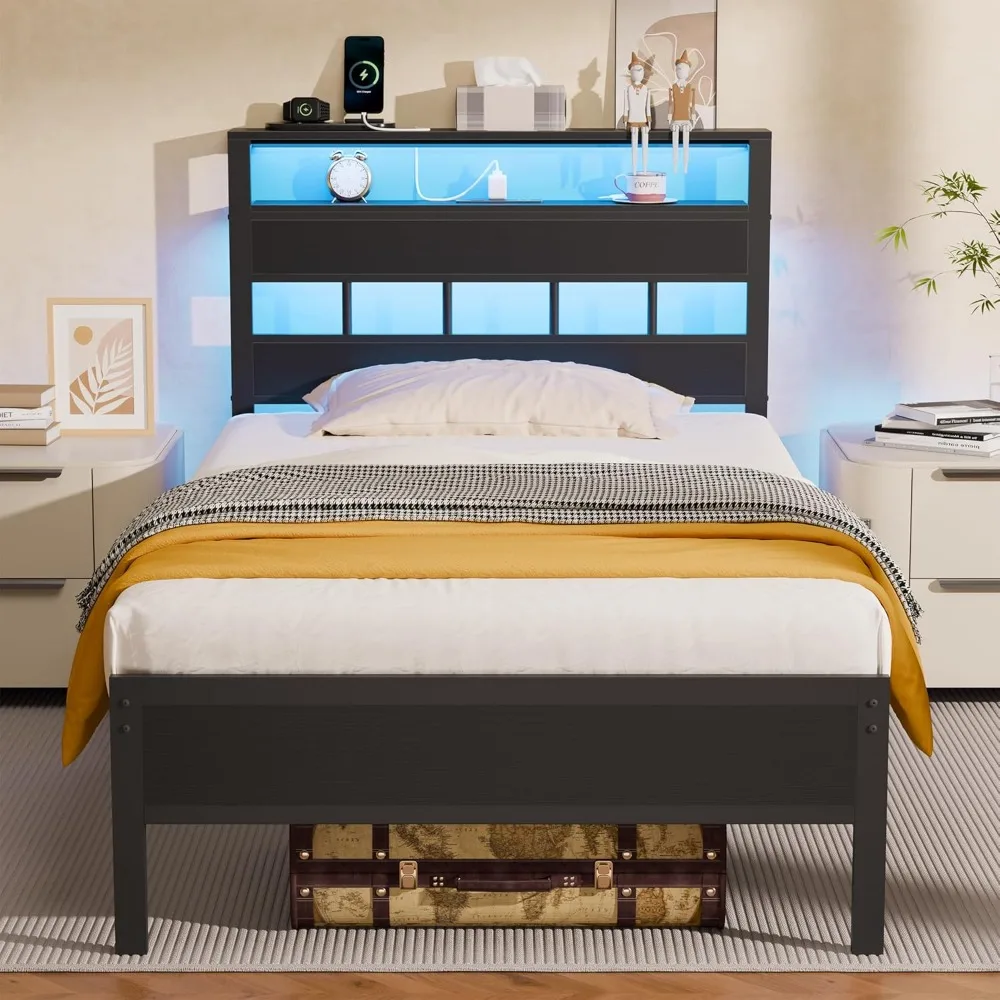 

Bed Frames w/Charging Station and LED Lights, Platform Beds with Metal Slats, Wood Headboard w/2-Tier Storage Shelves,Bed Frame