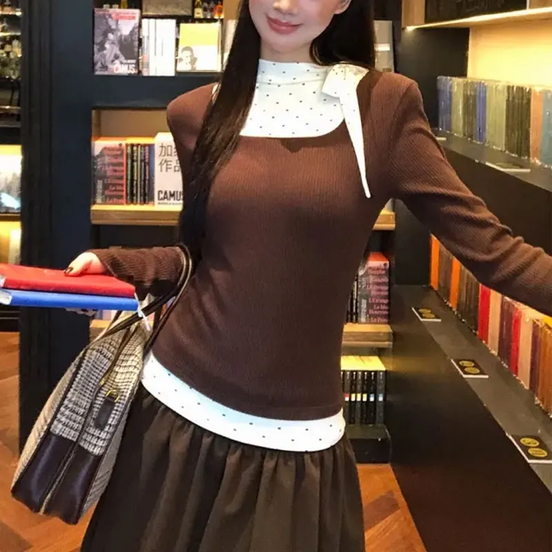 

Female Clothing Korean Polka Dot Pullovers Fashion Bow Autumn Winter Fake Two Pieces Patchwork Vintage Slim Long Sleeve T-shirts