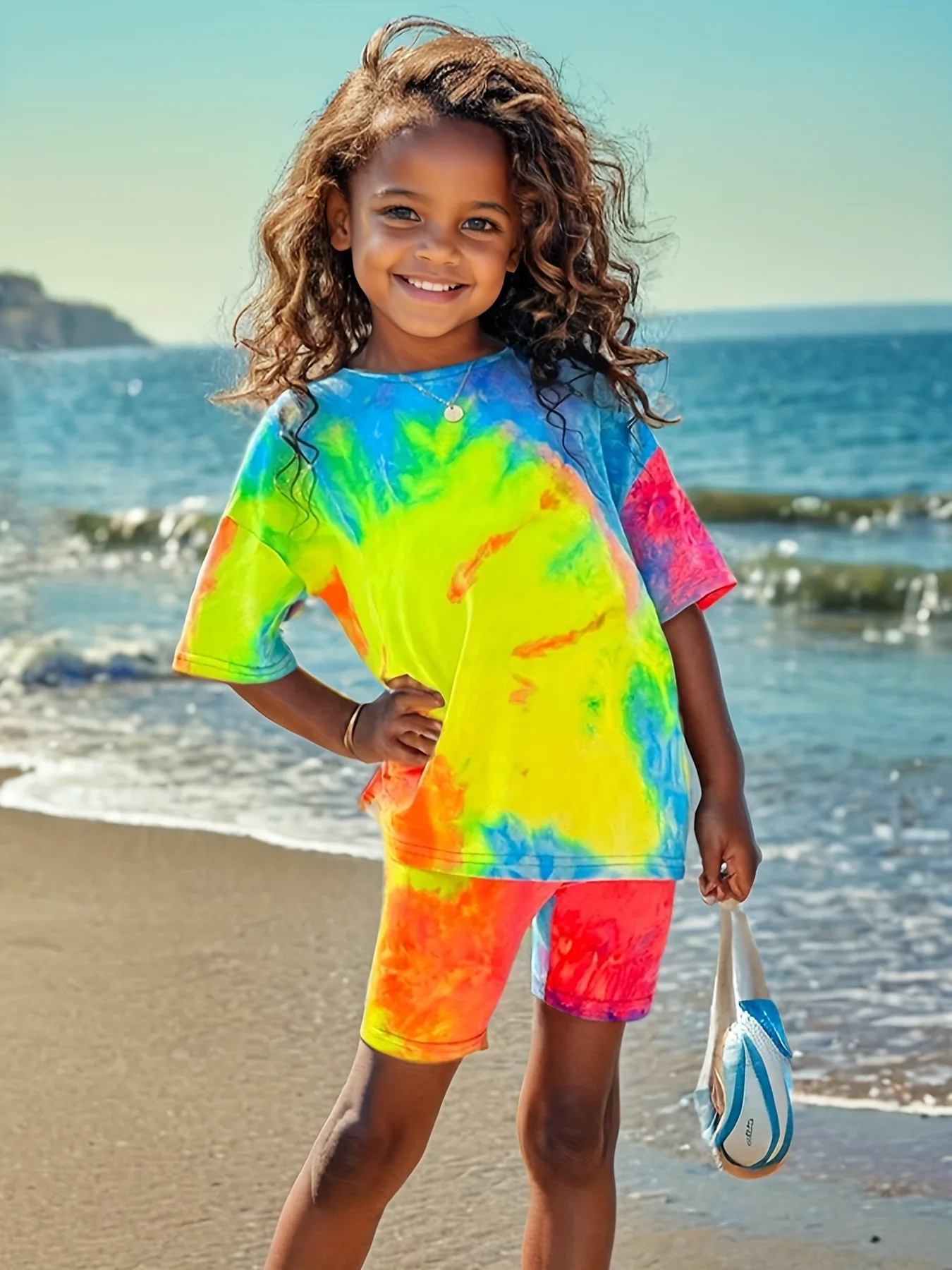 Girls' Sports Full-Print Tie-Dye Short-Sleeve Set, Girls' Round-Neck Short-Sleeve T-Shirt Set, Children's Casual Fashion Summer